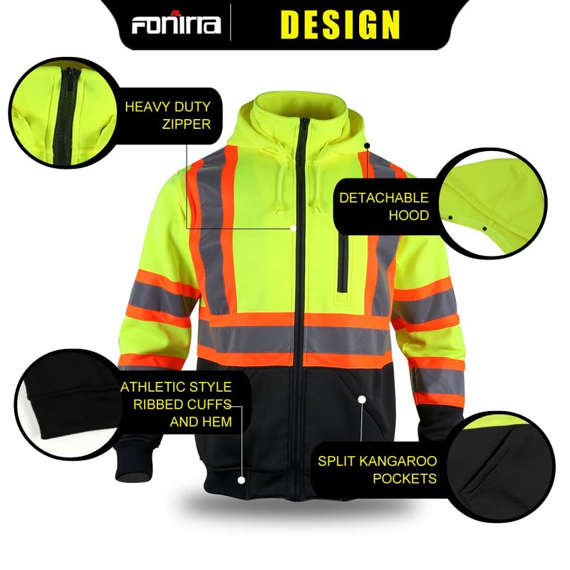 FONIRRA Hi Vis Safety Fleece Zip Hoodie للرجال بلوزات عاكسة ANSI Class 3 سترات قابلة للفصل (أصفر، XL) - Image 3